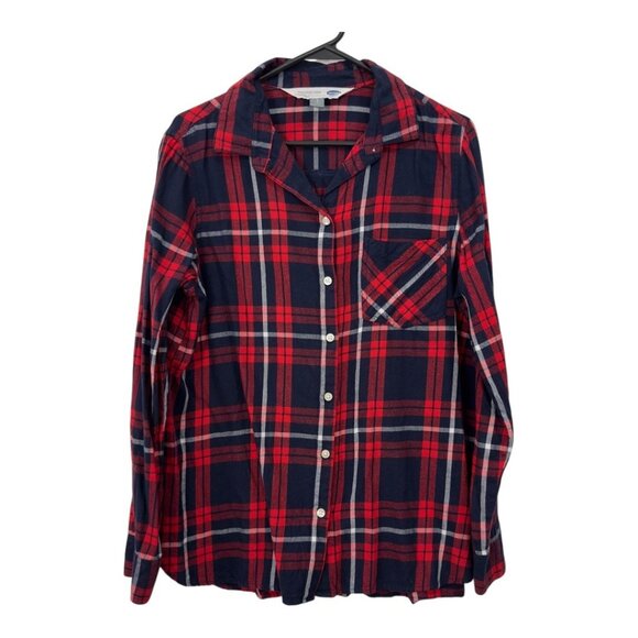 Old Navy The Classic Shirt Womens L Red & Navy Plaid Button-Up Long-Sleeve Shirt - Picture 11 of 13